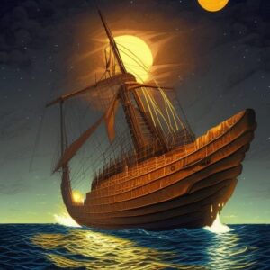 an ancient greek ship at sea at night illustrated 