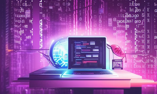 Purple computer with icons and futuristic colors