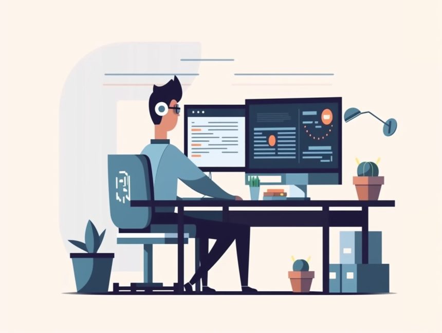 A professional programmer with a computer and other accessories on a desk with flat design for codabase