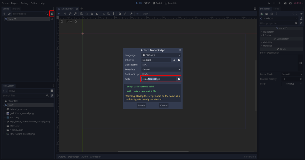 create a new script in godot screenshot codabase